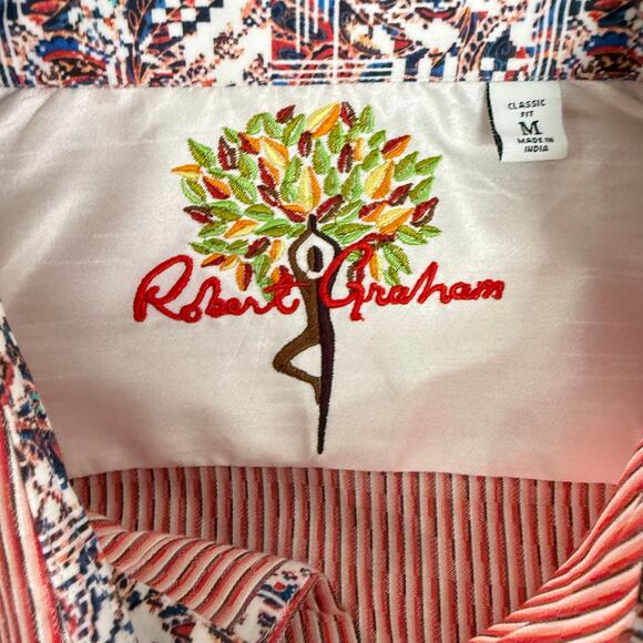 Robert Graham Woven Button Front Short Sleeve Shirt Indos Red-Orange Stripe M - Picture 8 of 9
